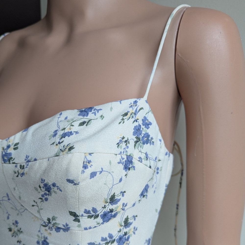 Reformation Saskia floral ivory dress Madeline print tie straps flare mini - Picture 7 of 12
